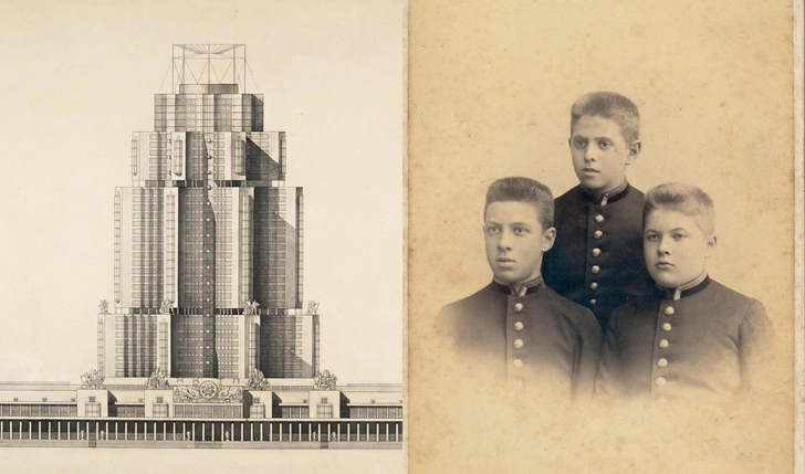 Слева: В. А. Веснин, А. А. Веснин. Конкурсный проект здания Наркомата тяжелой промышленности в Зарядье в Москве, 1935. Бумага, тушь. Справа: Леонид, Виктор и Александр Веснины во время учебы в Московской практической академии коммерческих наук. Фотография Г. В. Трунова, середина 1890-х. | Источник: архив пресс-службы
