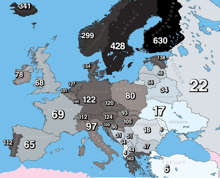 Карта: Количество метал-групп на один миллион жителей европейских стран и России