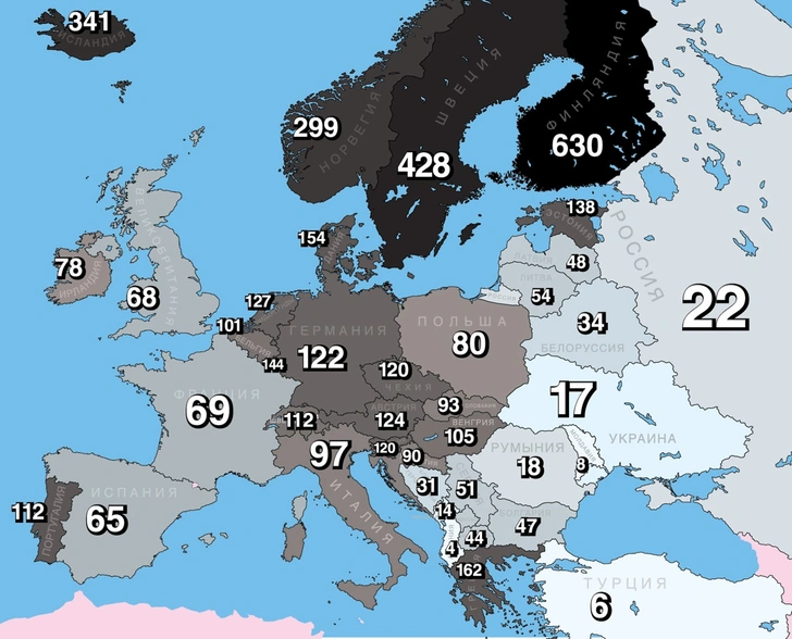 Карта: Количество метал-групп на один миллион жителей европейских стран и России | maximonline.ru