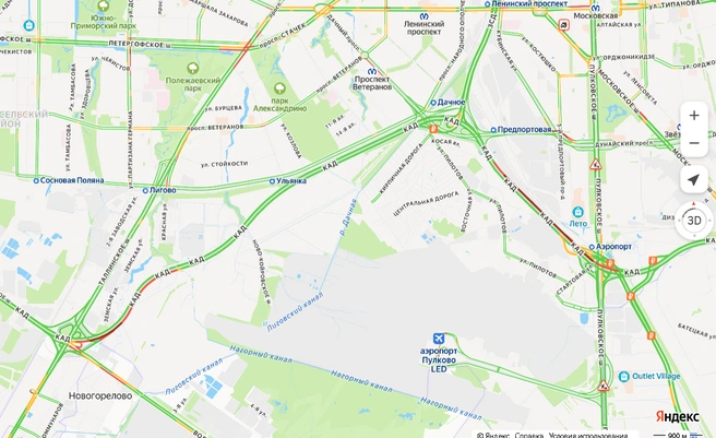 «Маленьких пускают, но проехать можно только по обочине». КАД встала в плотных пробках | Источник: Яндекс.Карты