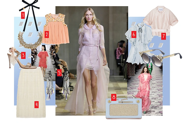 1. Колье, MAX & Co., 8 558 руб. 2. Топ, Asos, 4 000 руб. 3. Босоножки, Marc Cain, 16 000 руб. 4. Юбка, 12Storeez, 5 800 руб. 5. Серьги, MAGIA DI GAMMA, 33 800 руб. 6. Платье, Asos, 6 000 руб. 7. Жакет, MAX & Co., 11 808 руб. 8. Сумка, Acessorize, 3 330 руб. 