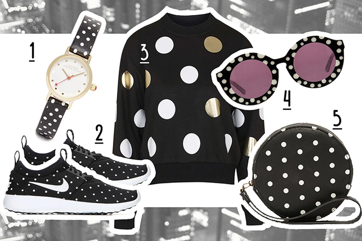 1. Часы, Johnny Loves Rosie. 2. Кроссовки, Nike. 3. Свитшот, Topshop. 4. Очки, House of Holland. 5. Клатч, Monki.
