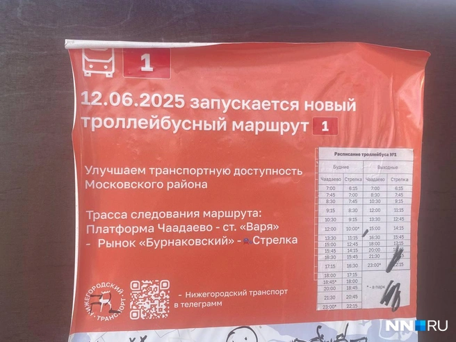 Расписание троллейбусов висит на остановке «Стрелка» | Источник: Наталья Баранова / NN.RU 