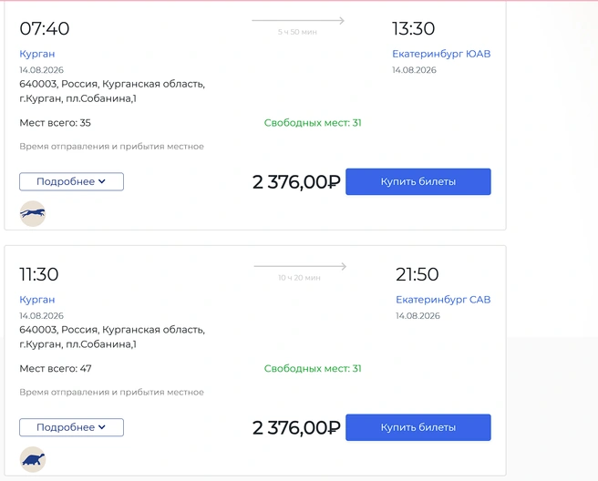 Автобусы едут от шести до десяти часов до Екатеринбурга | Источник: Buspay.ru 