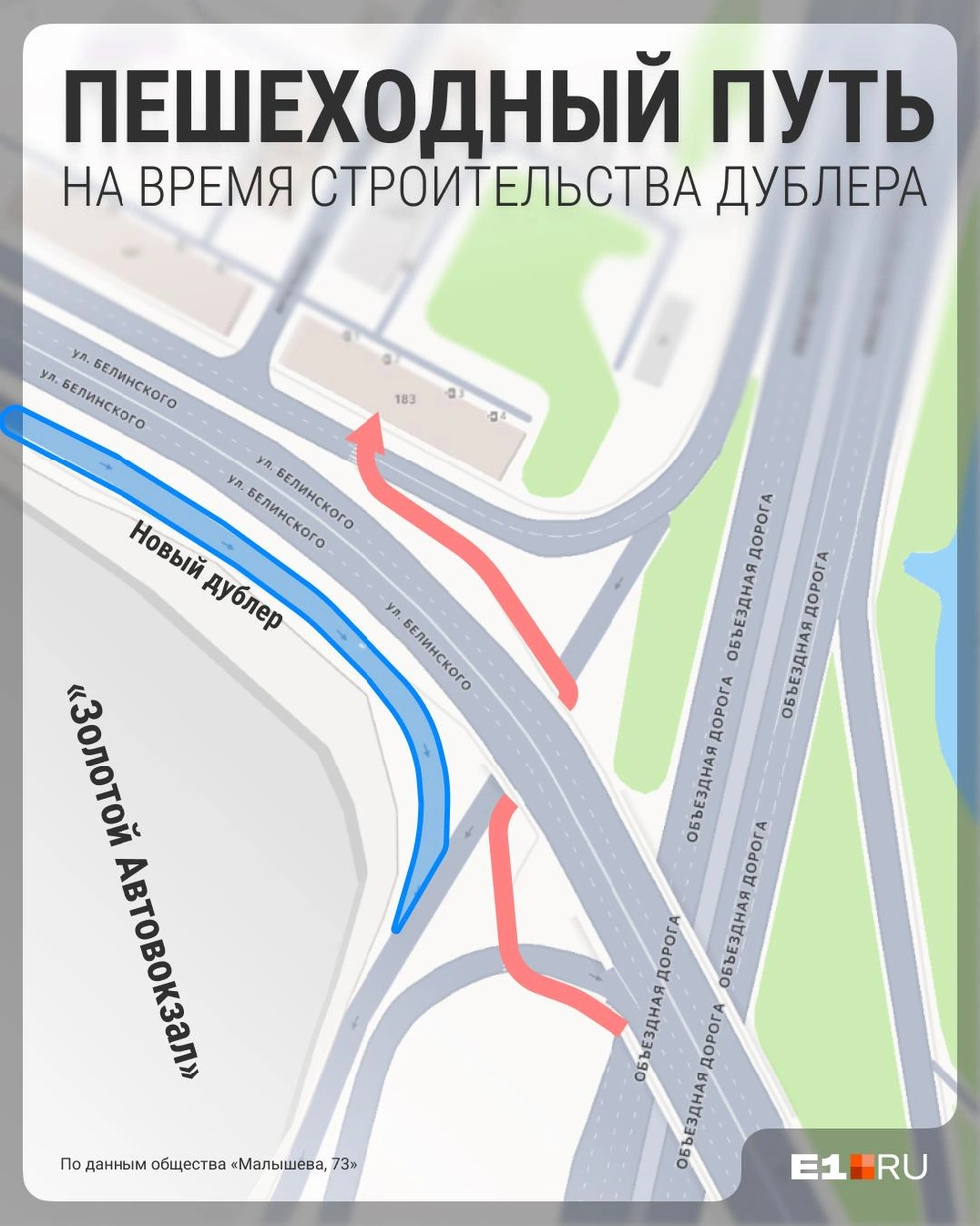 Путь пешеходов (отмечен красным) изменится, когда начнут строить дублер улицы Белинского | Источник: Филипп Сапегин / E1.RU