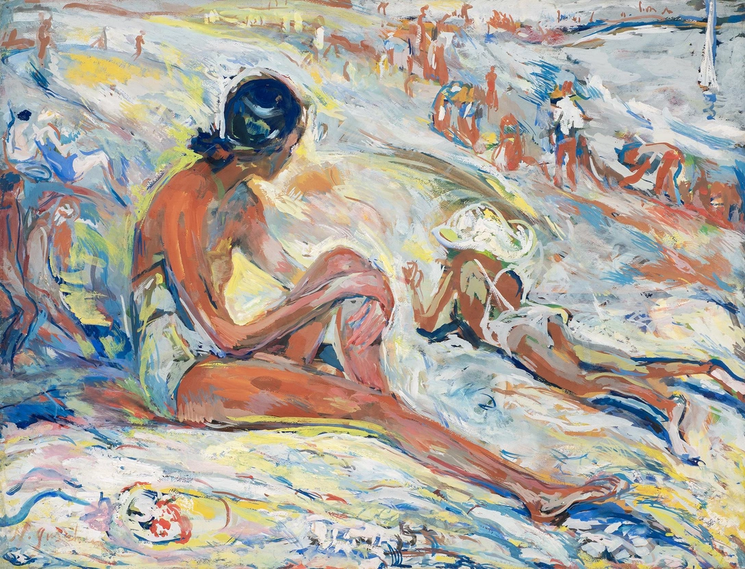 Николай Гущин. «На пляже». 1935. Картон, смешанная техника, 49×64 см. Коллекция Н. Е. Малыгина | Источник: пресс-служба галереи «Открытый клуб»