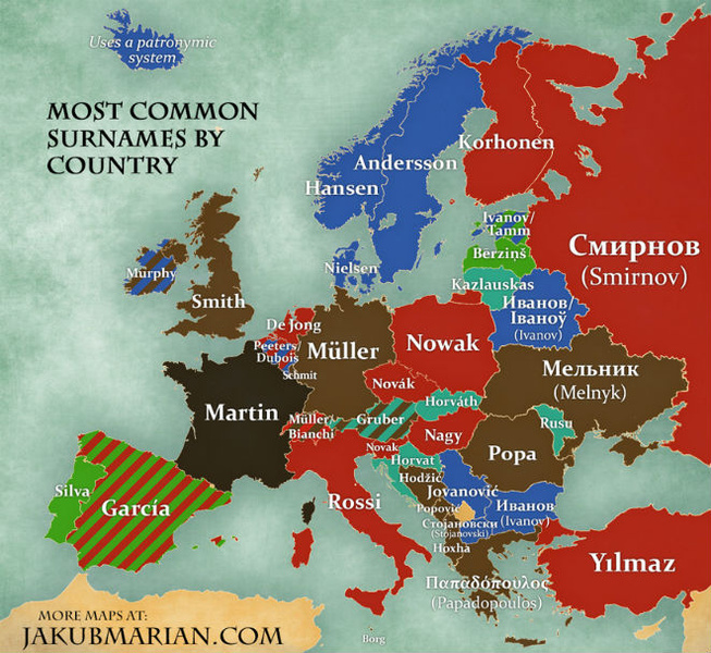 Карта с самыми популярными фамилиями в каждой стране Европы