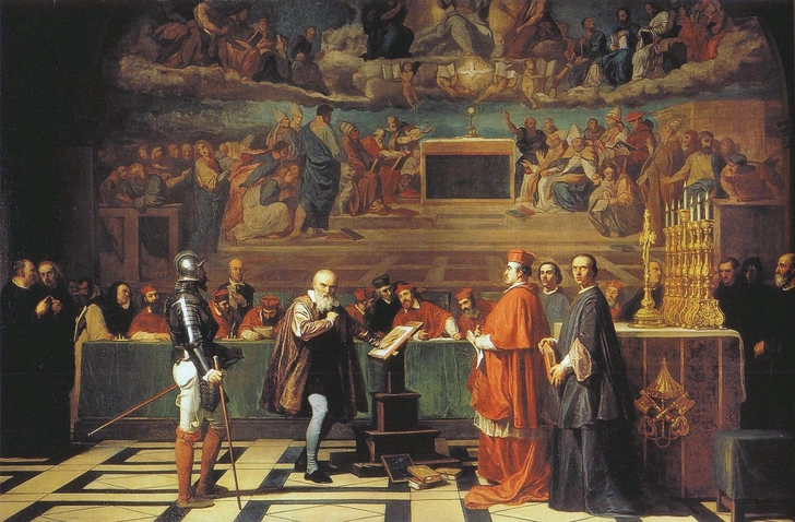 Жозеф Николя Робер-Флери «Галилей перед Святым Судилищем» (1847). Интерес французского художника совсем не случаен: после взятия Рима и ареста папы Пия VI в 1796 году Наполеон потребовал, чтобы все документы процесса над Галилеем 1633 года доставили в Париж. Наполеоновские историки немедленно приступили к пропаганде мифа о «мученичестве» Галилея за дело науки  | Источник: Artefact / Alamy via Legion Media