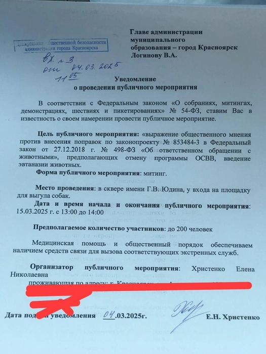 Зоозащитники отправили уведомление о планируемом митинге мэру Владиславу Логинову | Источник: Общественное движение «ДогСпас» / VK