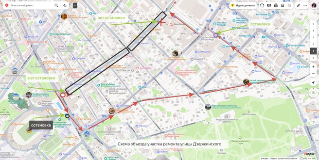 Карта перекрытия Дзержинского и маршрутов общественного транспорта вокруг | Источник: admirk.ru