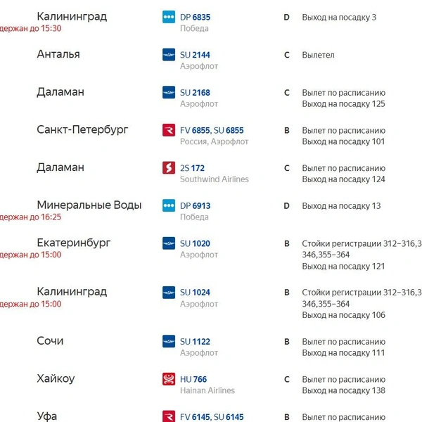 Всего 28 рейсов на вылет задержано | Источник: «Яндекс Расписание»