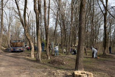 В Пскове убрали 350 кубометров листвы у Гремячей башни