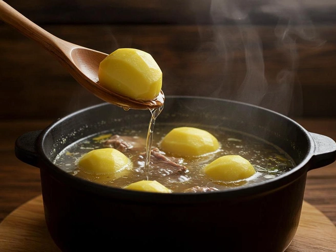 Картофель добавляют в бульон на завершающем этапе. | Источник: Полина Авдошина / Городские медиа