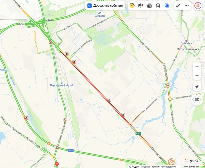 Московское шоссе мёртво встало в обе стороны | Источник: «Яндекс.Карты»
