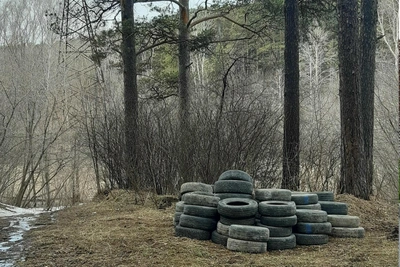 Гора шин в лесу под Новосибирском использовалась для соревнований