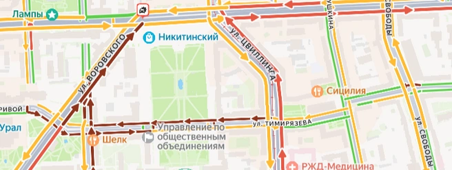 Пробки скопились на улице Воровского и Сони Кривой | Источник: Яндекс.Пробки