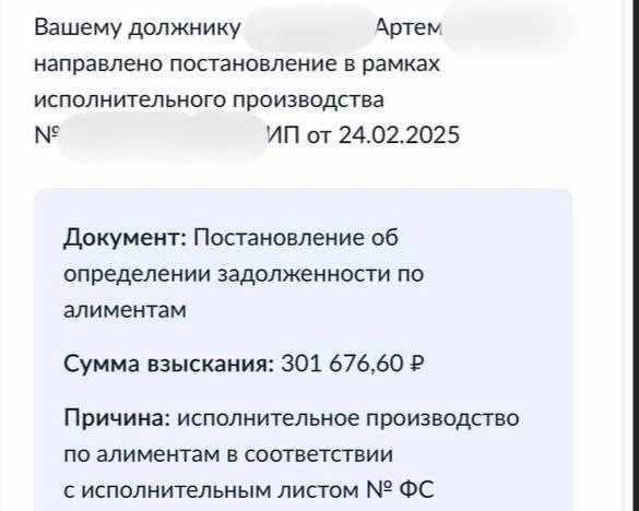 К двухлетию сына долг отца по алиментам&nbsp;перевалил за 300 тысяч | Источник: читатель E1.RU