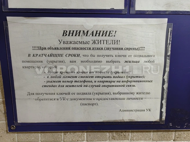 Объявление о поиске жильца, которому передадут ключи от укрытия | Источник: Андрей Пашинский / Voronezh1.ru