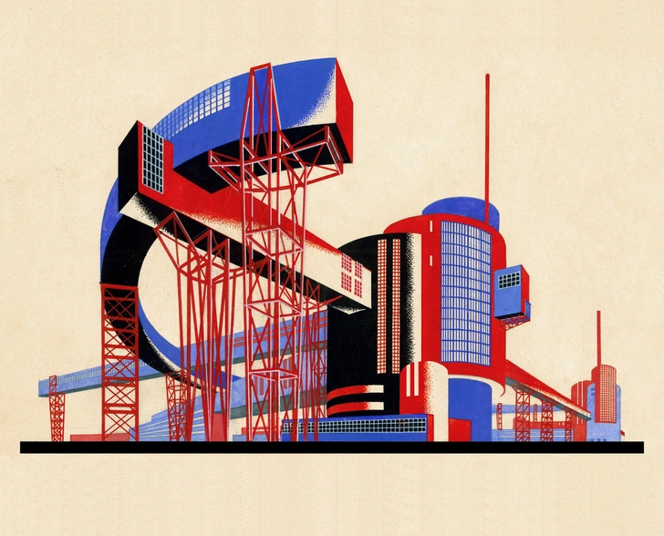 Я. Чернихов. «Фантастическая композиция организации пространства сложных по форме и сочетанию элементов сооружения № 28» из цикла «Архитектурные фантазии». 1929-1932. Архитектурный благотворительный фонд имени Якова Чернихова | Источник: фонд имени Якова Чернихова