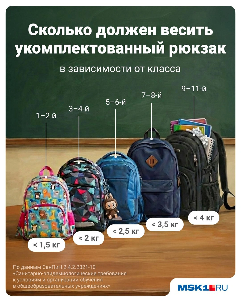 Сколько должен весить укомплектованный (полный учебников) рюкзак школьника в зависимости от класса | Источник: Полина Авдошина / Городские медиа