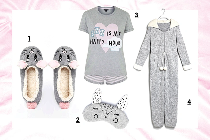 1. Тапочки, Asos, 1 176 руб. 2. Маска для сна, Oysho, 899 руб. 3. Пижама, Topshop. 4. Комбинезон, Oysho, 3 599 руб. | thegirl.ru