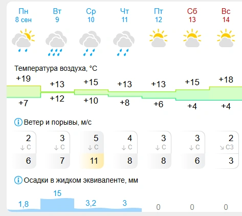 По прогнозу «Гисметео» сильный дождь пройдет во вторник | Источник: gismeteo.ru 