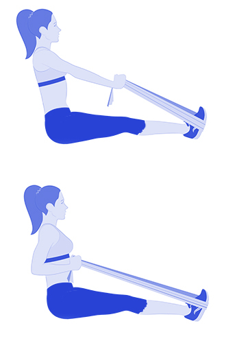 Тяга эспандера сидяПрекрасно борется с жиром на спине. Сядьте на пол, ноги прямые. Закрепите на стопах экспандер, а его оба конца возьмите в руки. Лента должна быть туго натянута. В этом положении согните руки в локтях – ваши кисти должны зафиксироваться на уровне ребер. Разогните руки и примите исходное положение.