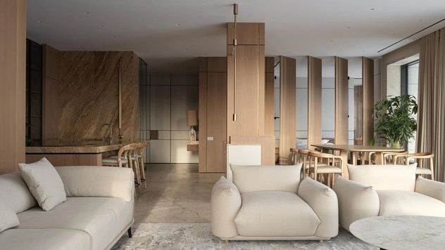 Светлая квартира 140 м² с разнообразными текстурами в Казани