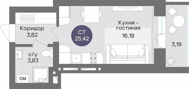 Студия 25,42 кв. м | Источник: ООО&nbsp;«Д54 Недвижимость»