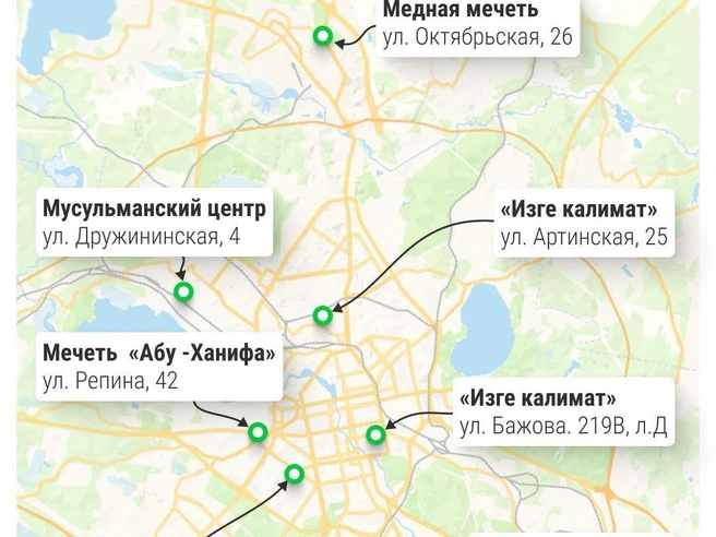На карте отмечены все мечети и молельные дома города | Источник: Филипп Сапегин / E1.RU