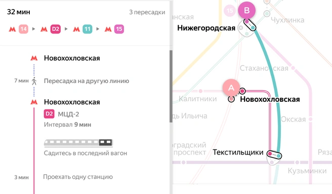 Так витьевато теперь выглядит путь до «Нижегородской» на рельсовом транспорте (метро и МЦД) | Источник: Яндекс.карты