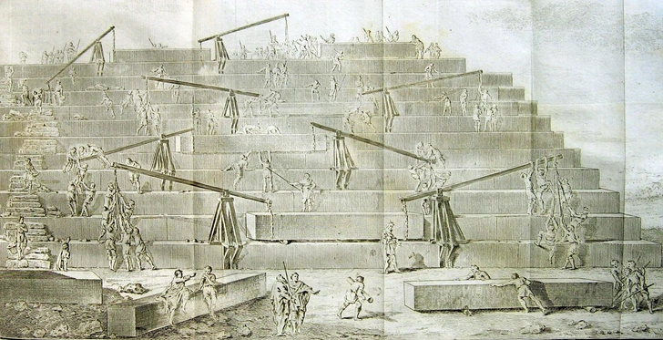 Строительство пирамиды Хеопса. Гравюра XVIII века | Источник: Wikimedia Commons 