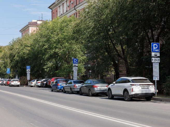Ради платных парковок на Советской даже сделали несколько парковочных карманов | Источник: Алексей Волхонский / V1.RU