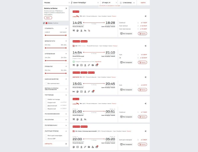 Уехать в Санкт-Петербург на поезде оказалось проблематично | Источник: ticket.rzd.ru