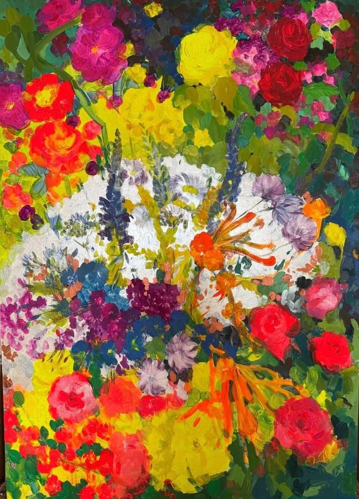 Юлия Кривозубова. Серия «Яблоки и груши», 2025. Оргалит, акрил, масло, лак, 140х100 см. Triptych Gallery.