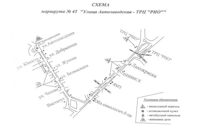 Так выглядит схема автобусного маршрута № 45 «Улица Автозаводская» — ТРЦ «РИО» | Источник: проект контракта на сайте «Госзакупки»