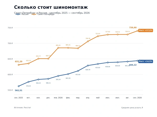 Цены на вырост: петербургский шиномонтаж обогнал страну | Источник: Росстат