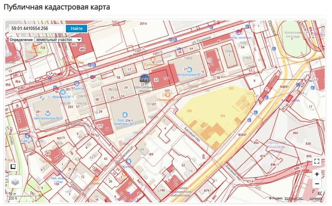 «УНО» будет застраивать участок с кадастровым номером 59:01:4410554:256 (на схеме он желтый) | Источник: ik4map.roscadastres.com