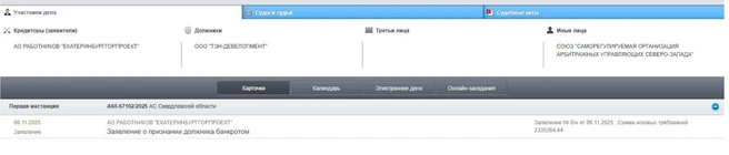 Карточка дела отображается на сайте суда | Источник: ekaterinburg.arbitr.ru