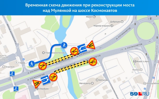 На мосту оставят по две полосы в каждую сторону, а пешеходов пустят в обход | Источник: «Яндекс Карты»; Кирилл Хафизов / 59.RU