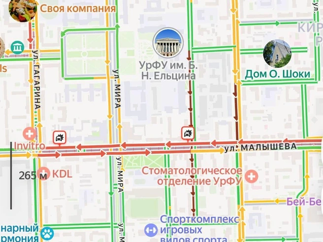 На Малышева скопилась пробка | Источник: картографический сервис