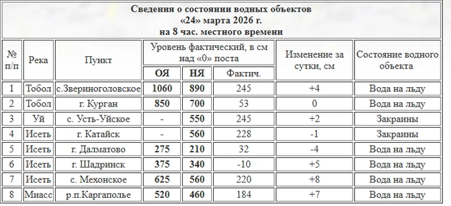 На сайте курганского ЦГМС ежедневно публикуется фактический уровень воды в реках Зауралья | Источник: kurganpogoda.ru