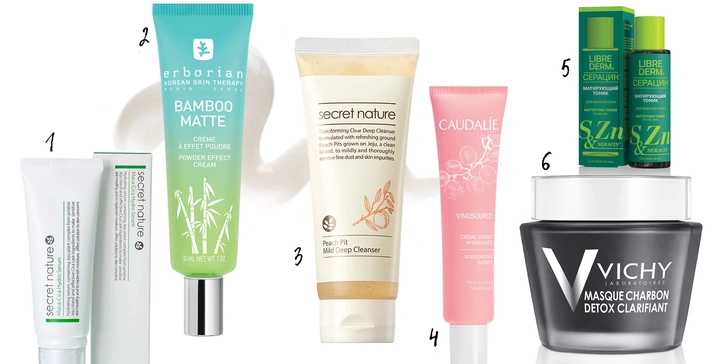 1. Сыворотка для лица Maca-Cica Hydro Serum, Secret Nature; 2. Бамбук Matte крем для лица, Erborian; 3. Пенка для глубокого очищения, Secret Nature; 4. Крем увлажняющий VINOSOURCE, Caudalie; 5. Матирующий тоник Серацин, LIBREDERM; 6. Детокс-маска с древесным углем, Vichy    | Источник: Архивы пресс-служб