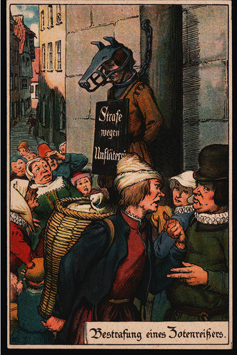 На открытке из серии о средневековых наказаниях примерно 1910 года изображено наказание за сквернословие.
