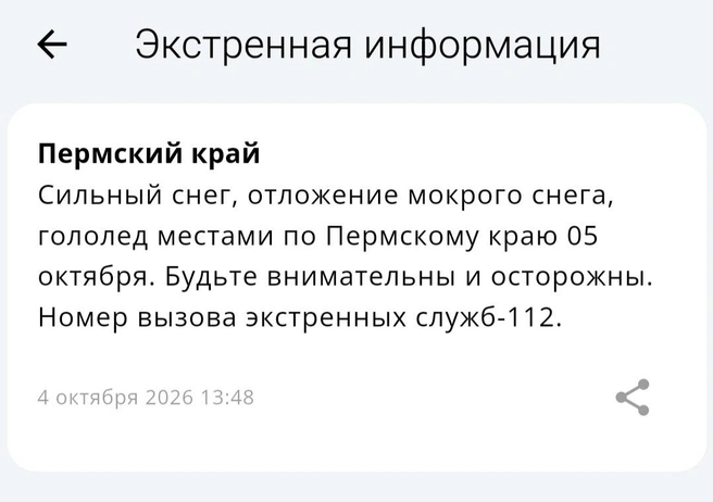 Такую рассылку МЧС распространило среди жителей Пермского края | Источник: мобильное приложение МЧС России