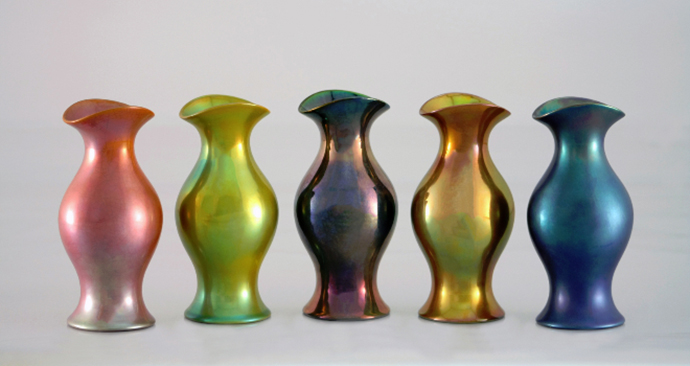 Eva Zeisel, Pink, Green, Purple, Gold, and Blue Vases, 2011.