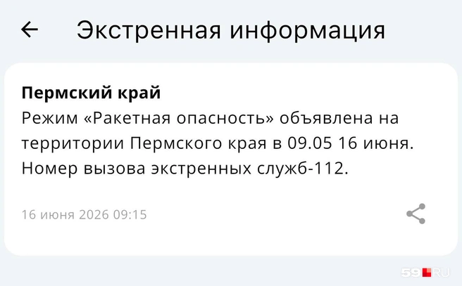 Оповещение пришло пермякам в приложении МЧС | Источник: приложение МЧС России