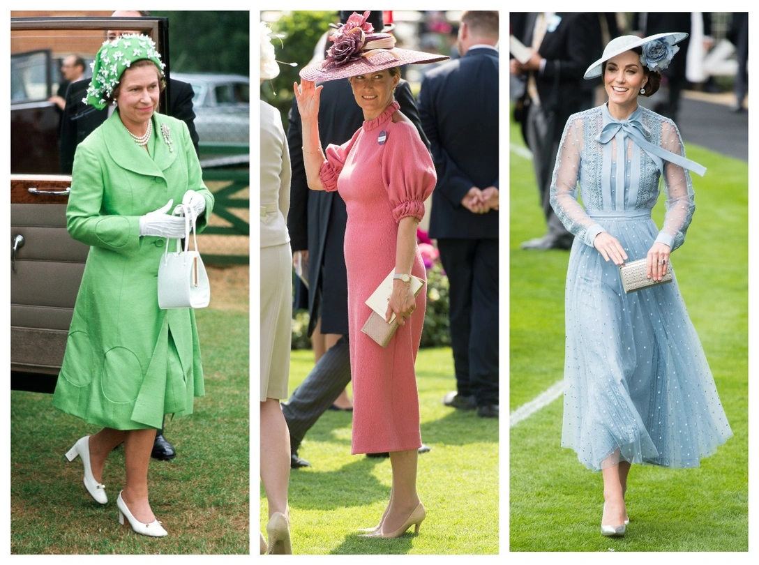 Елизавета II возвращается с ипподрома в Аскоте, 20 июня 1973; графиня Софи на скачках в Аскоте, 21 июня 2017; герцогиня Кэтрин в Аскоте, 18 июня 2019 | marieclaire.ru