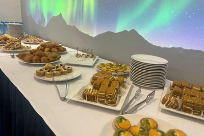 Hearty snacks and sweets served at Governor Chibis's press conference