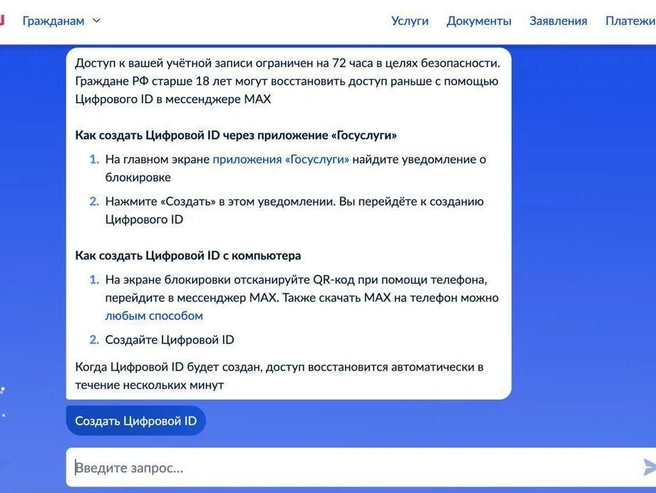 Вход на портал «Госуслуги» теперь часто требует наличия цифрового ID или установленного приложения MAX. | Источник: читательница E1.RU